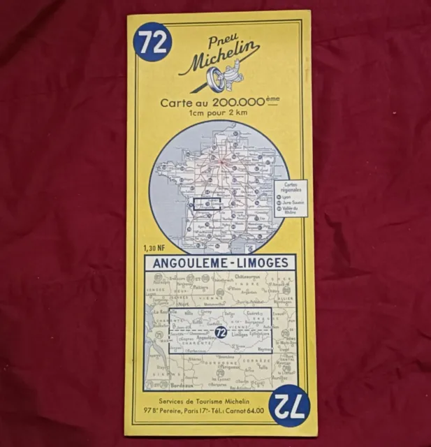 Carte Routière Michelin N°72 Année 1963 Angoulême - Limoges