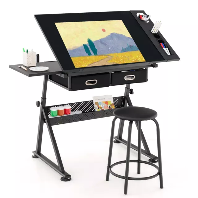 Height Adjustable Drafting Table w/Stool Drawing Desk w/2 Drawer & Tilt Tabletop