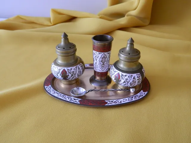 VTG Thai Brass Enamel Condiment Set Salt Pepper Shakers Oval Tray  Vase Spoon
