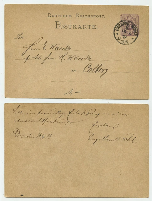 91078 - Ganzsache P 5 -  Postkarte - Dresden-Neust. 16.4.1878 nach Colberg