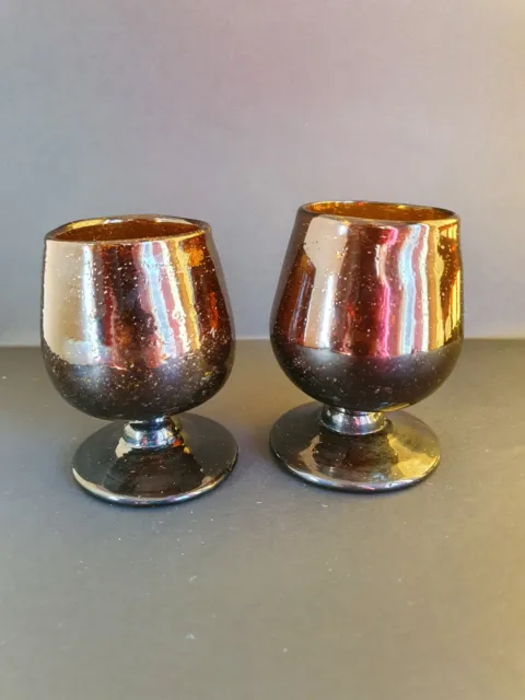 2 X Vintage Hand Blown Amber Bubble Glass Wine Goblets