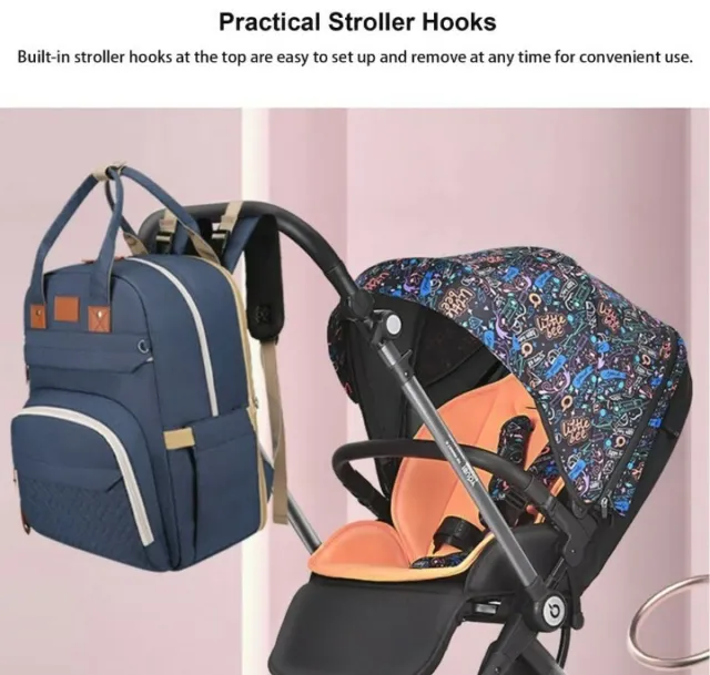 3 in 1 Baby Diaper Bag Backpack Foldable Crib w Changing Pad USB Port Waterproof 5
