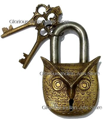 Solid Brass Owl Face Padlock Antique Vintage Style Handmade Security Lock 2 Keys