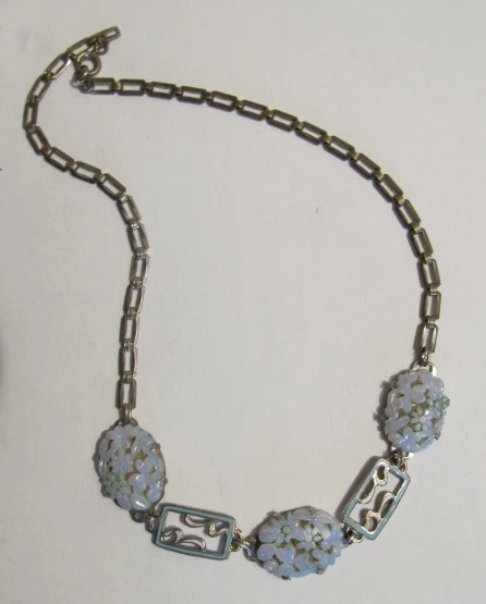 Vintage Art Deco Rhodium Antique Enamel Blue Art Glass Flowers Necklace Germany