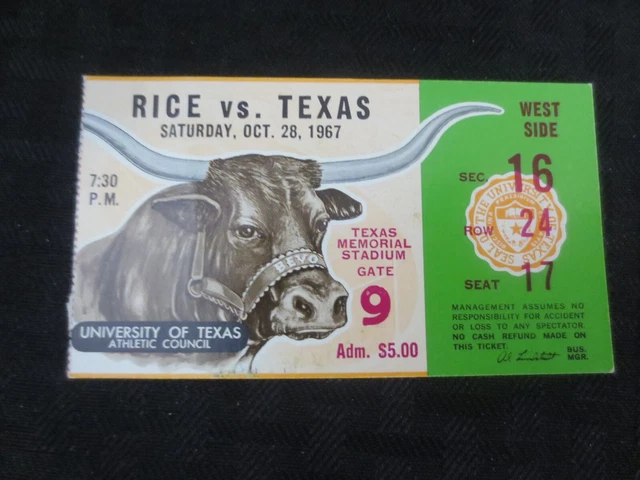 Texas Longhorns Football Ticket  VS Rice Owls Oct 28, 1967