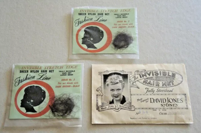 1930s INVISIBLE HAIR NET DAVID JONES + 2 x 1960s FASHION LINE NET NETS COMPLETE