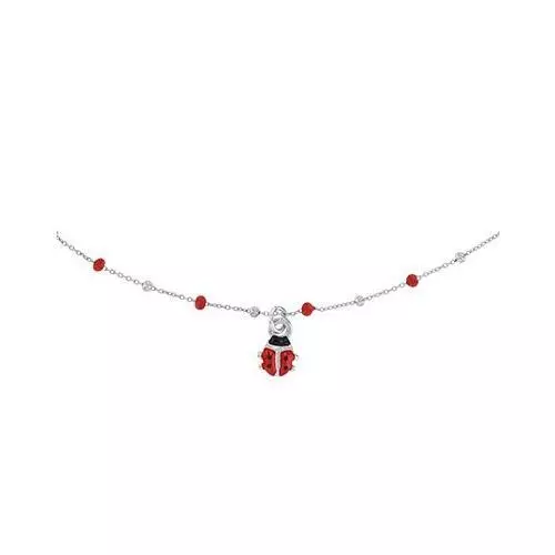 Collier coccinelle, boules émaillées rouge, argent 925/1000 rhodié