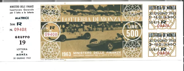 1963 Monza  Biglietto  Lotterie Di Monza 1963 Con Matrice E Tagliando S.r. 09408