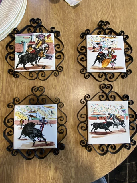 4 Mid Century Spanish Sanchis Alcora Signed Trivet Tiles Matador Wall Hanging