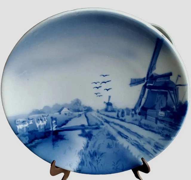 VINTAGE DELFT HAND Painted Plate Holland Blue White Windmill Hanging ...