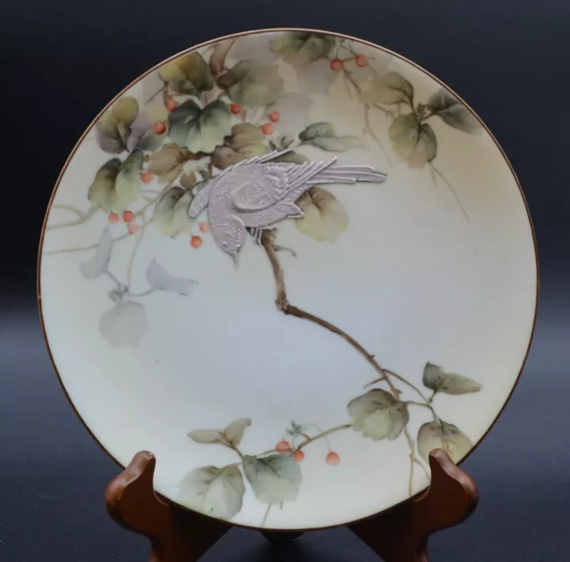 ANTIQUE NIPPON Hanging Porcelain Plate W/Berry Bush and Raised Relief Bird