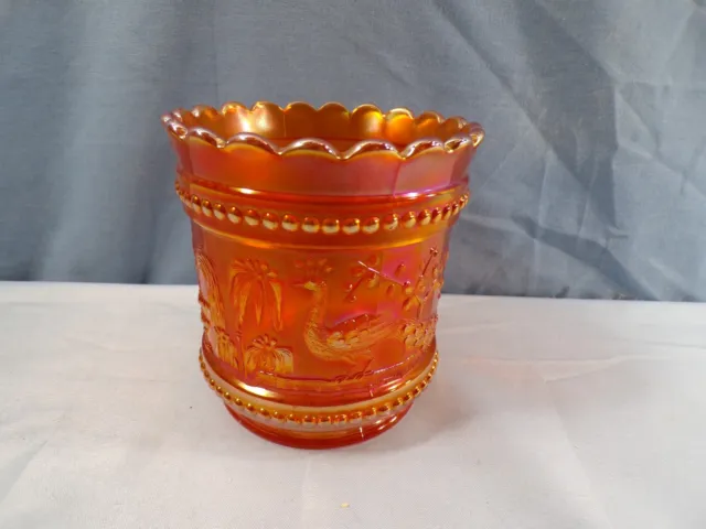 Northwood Marigold Carnival Glass Peacock at the Fountain Pattern Spooner Vase