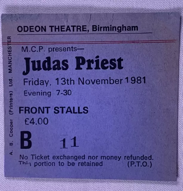 Judas Priest Ticket Original World Wide Blitz Tour Birmingham 1981