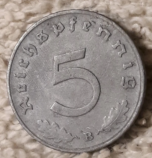 Vintage 1940 B  , WW2 German 5 Reichspfennig , WWII Era Heavily Circulated Coin 2