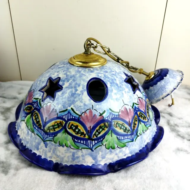 Vintage Antique Blue Ceramic Ceiling Lightshade Lamp Hand Painted Floral Heavy