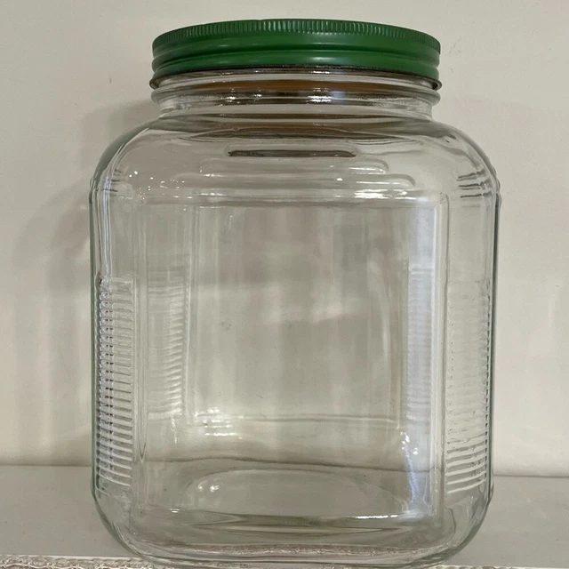 Vintage Anchor Hocking Hoosier Jar One Gallon Square GREEN LID