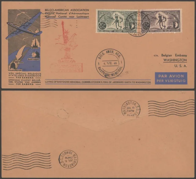 Belgium 1946 - Air Mail Cover Flight to USA - Bastogne Memorial R159