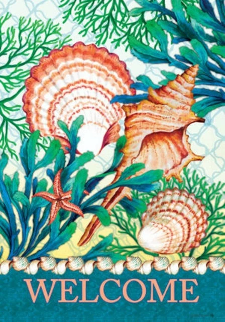Welcome, Seashells, Coral, Starfish Garden Flag 12" x 18", Custom Decor, 2 Sided