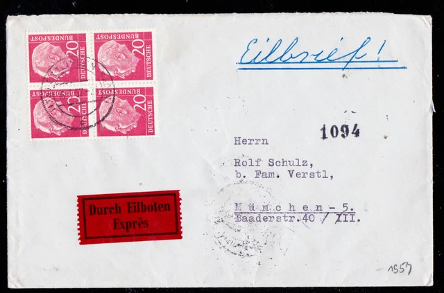 Bund Heuss I, 20 Pf, Mi. 185 im 4er-Block reine MeF auf Eil-Brief