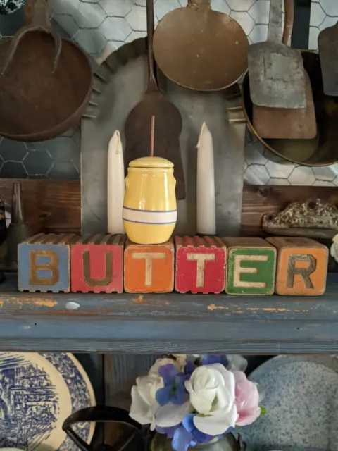 Antique Wood Toy Blocks Spell BUTTER + Small 1995 Vintage Ceramic BUTTER CHURN