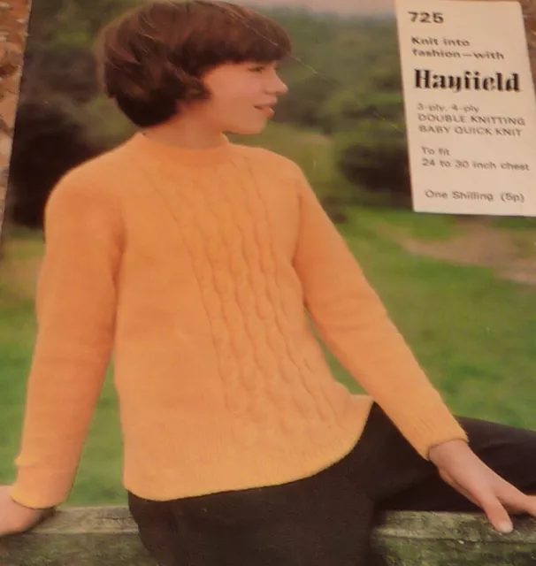 Original Hayfield Knitting Pattern Child's DK 3ply/4ply/ BQK Cable Sweater 725