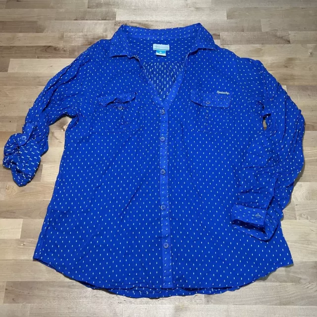 Columbia PFG Shirt Women's XL Blue Adjustable Sleeve Button Up V Neck Semi Sheer