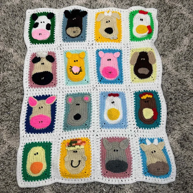 Vintage Handmade Crochet Baby Crib Blanket 27" x 34" Granny Squares Farm Animals