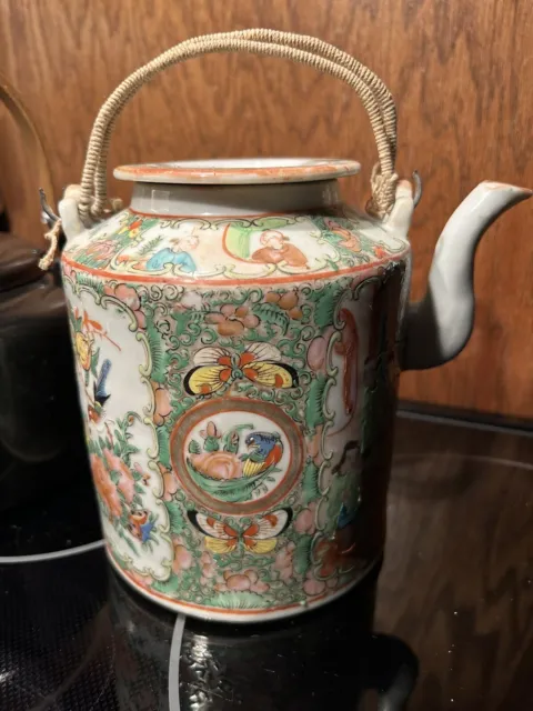 Antique Vintage Chinese Export Porcelain Rose Medallion Small Teapot Metal Hdls