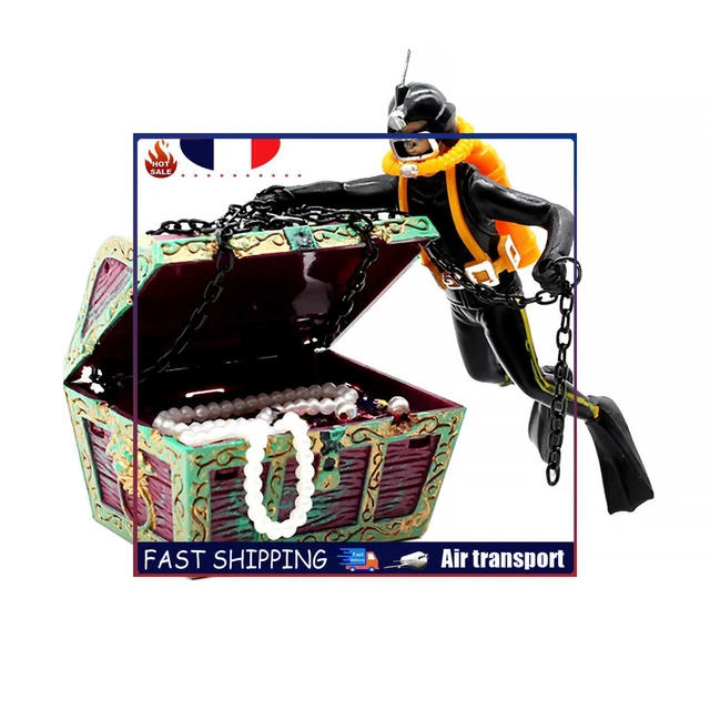 Fish Tank Treasure Chest Diver Live-Action Aerating Aquarium Decor (Black)