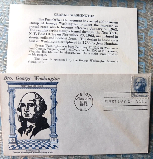 George Washington Regular Stamp   1962 Masonic Club Cachet  Fdc + Info Card Unad