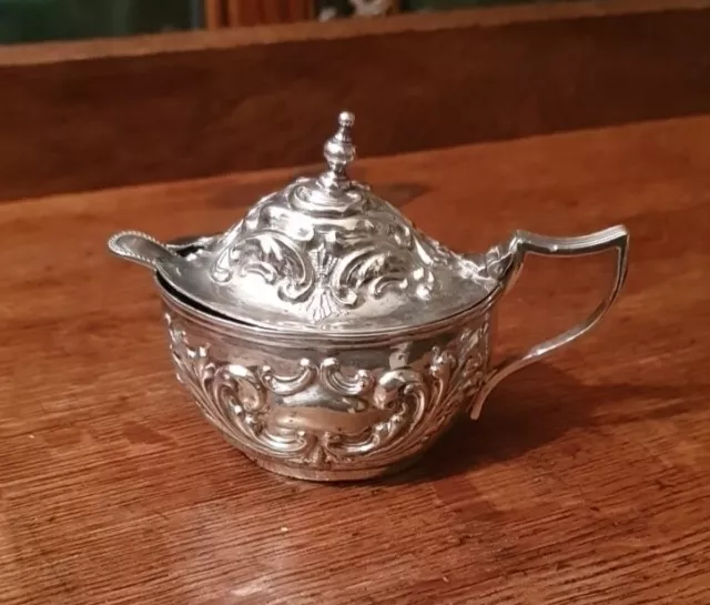 Vintage Ornate Silver Plated Victorian Style Mustard Pot with Spoon