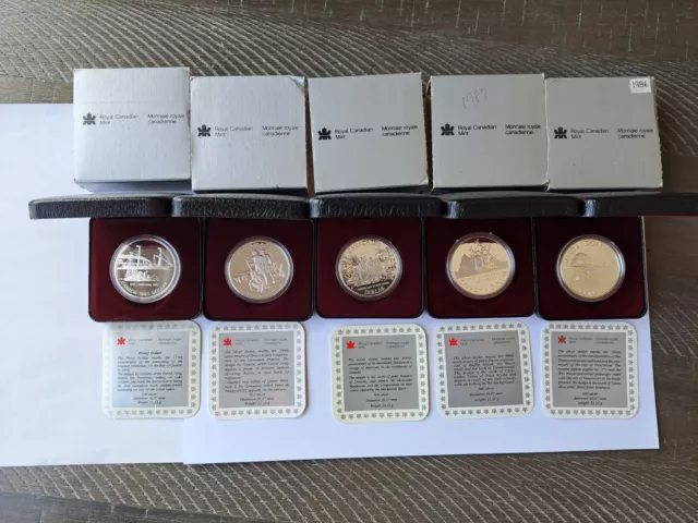 1986,87,89,90,91 Canadian Dollar Proof, Silver Coin Set With Boxes