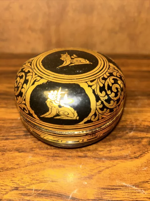 Vintage Burmese Black Lacquer Gold Painted Round Wooden Box 3"D x1.75"H