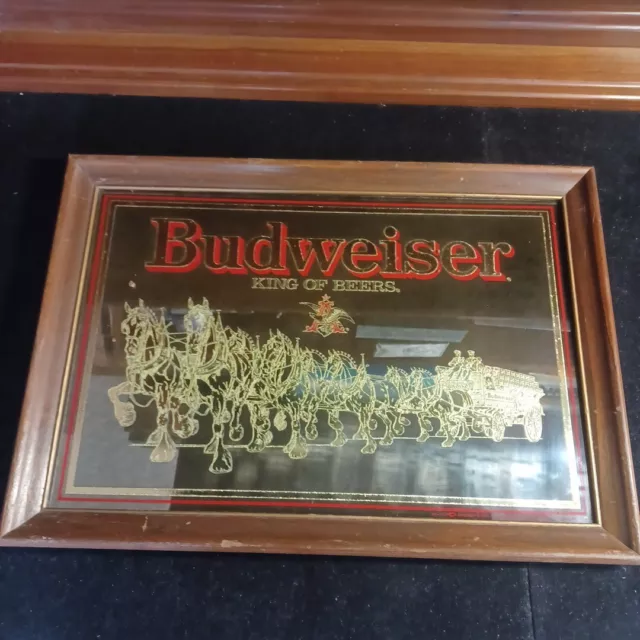 Vintage Budweiser King of Beers Clydesdale Glass Bar Mirror 14.5 X 20 3/4