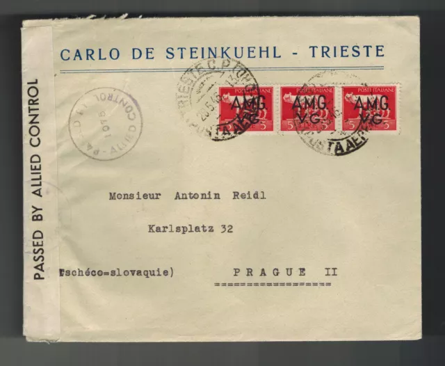 1946 Trieste Italy AMG VG Censored Cover Prague Czechoslovakia Carlo Steinkuehl