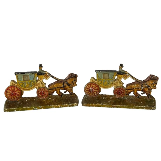 ANTIQUE HUBLEY CAST Iron Bookends Pair Horse and Carriage No 379 Art