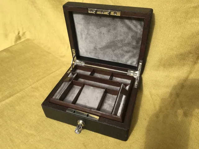 Super Leather clad jewellery box with Bramah Lock + key plush interior , tray