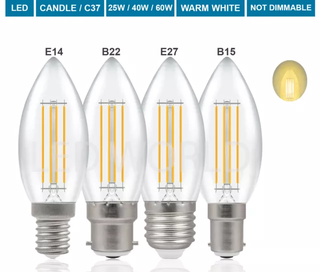 2W 25W 4W 40W Warm White LED Candle Filament Light E14 B22 E27 B15 Bulbs SES BC