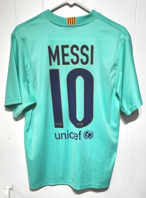 FC BARCELONA #10 MESSI QATAR UNICEF Away Shirt Jersey Roger's Mens L VGC Large