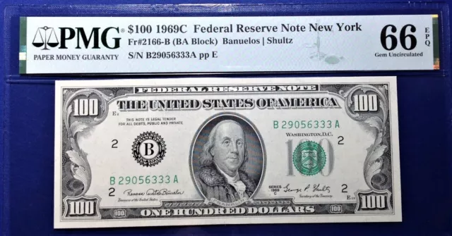 1969C $100 Federal Reserve Note Fr-2166-B New York PMG66 Gem EPQ