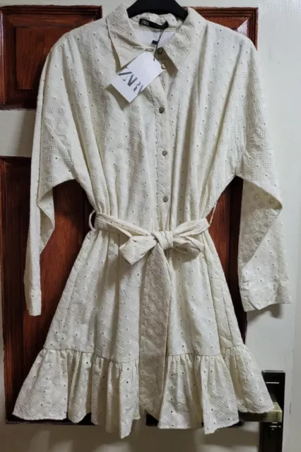 Zara Collared Shirt Dress Cream Cutwork Embroidery Ruffled Hem Large Bnwt