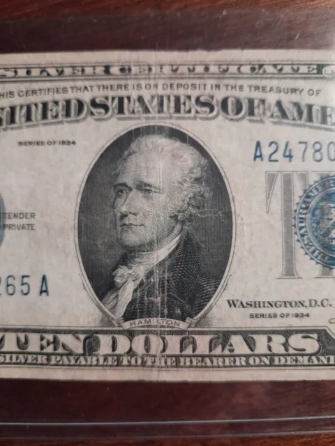 1934-A 10 Dollar Silver Certificate  Blue Seal Note #A24780265A In Holder 4