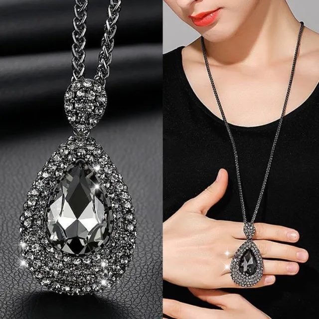 Waterdrop Crystal Pendant Necklace Gray Charms Long Chains Women Party Necklaces