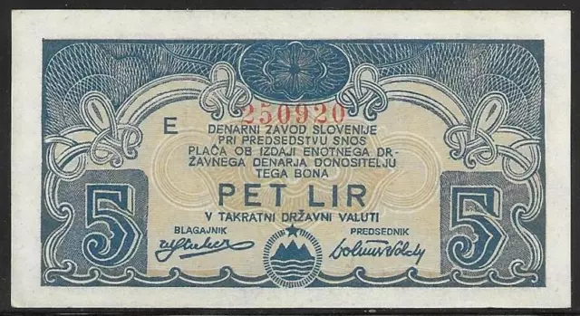 SLOVENIA, banknote 5 LIRE , 20. II. 1944 - partisan money, WWII , PS114  AU UNC