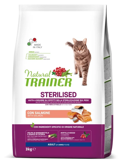 3 Kg Natural Trainer Cibo Secco Gatto Sterilizzato Sterilised Adult con salmone