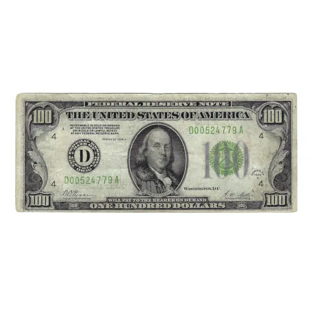 1928-A $100 Small Size Federal Reserve Note, Woods-Mellon, Circulated Condition