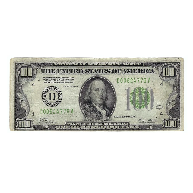 1928-A $100 Small Size Federal Reserve Note, Woods-Mellon, Circulated Condition