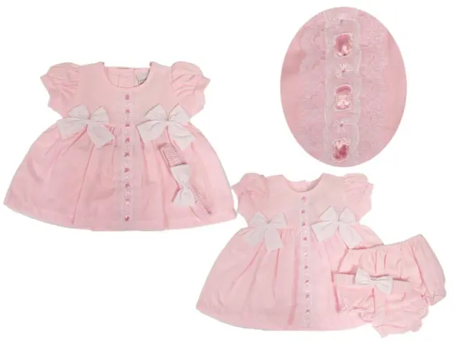 Baby girls dress  pink lace & ribbon trim summer lace front set NB 0 3 m 3 6 mth