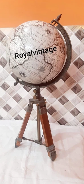 Antique Nautical World Map Globe White Ocean Earth Rotating Globe W/Wooden stand