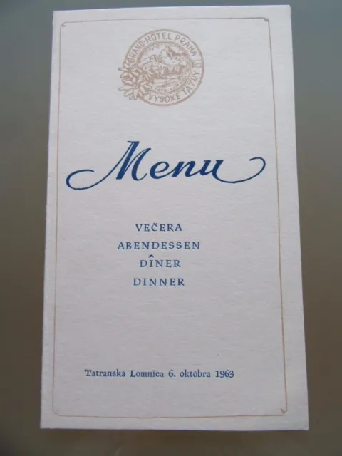 Restaurant Menu 1963 Slovakia Grand Hotel Praha Vysoke Tatry